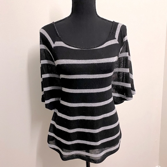 INC Black & Silver, Boatneck, Shimmery, Striped, Flowy, 3/4 Sleeve Shirt - Picture 6 of 15
